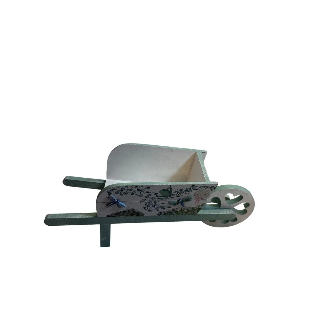 Unbranded Wooden Wheelbarrow Planter 14.5in Green Dragonfly Garden Decor